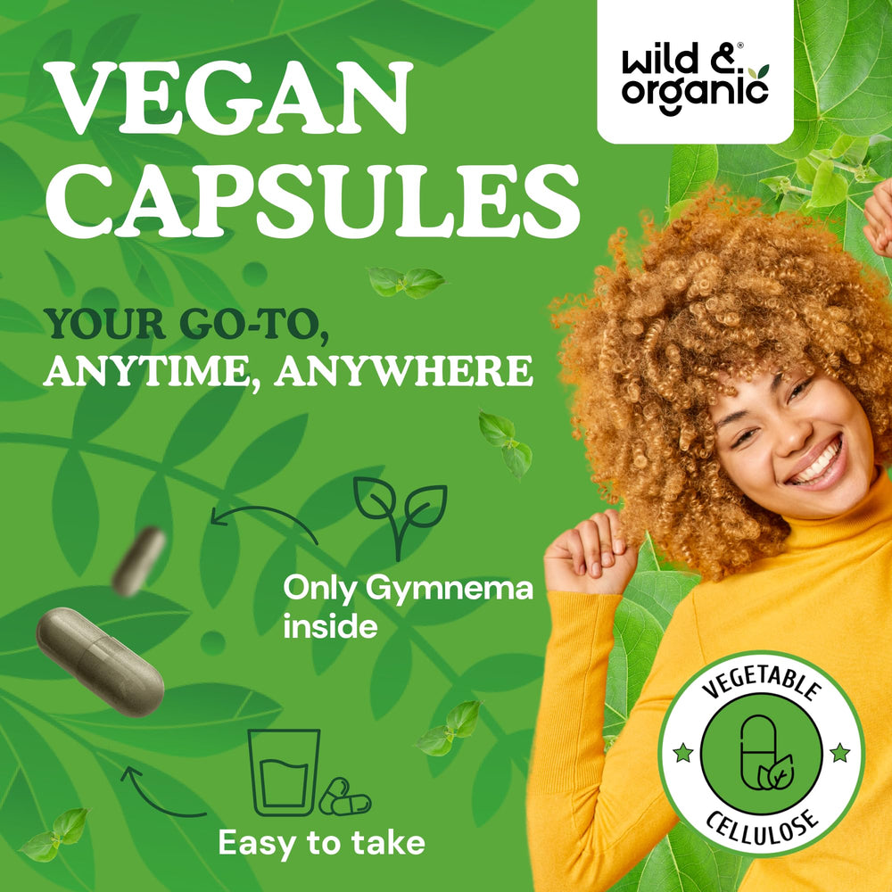Wild & Organic Gymnema Sylvestre vegan formulation for plant-based routines.