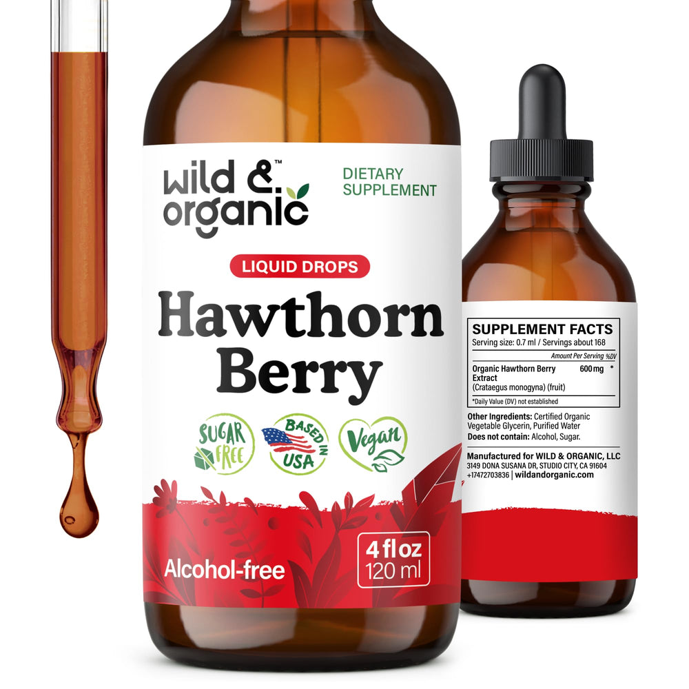 Wild & Organic Hawthorn Berry Tincture bottle with 600 mg extract for daily support.