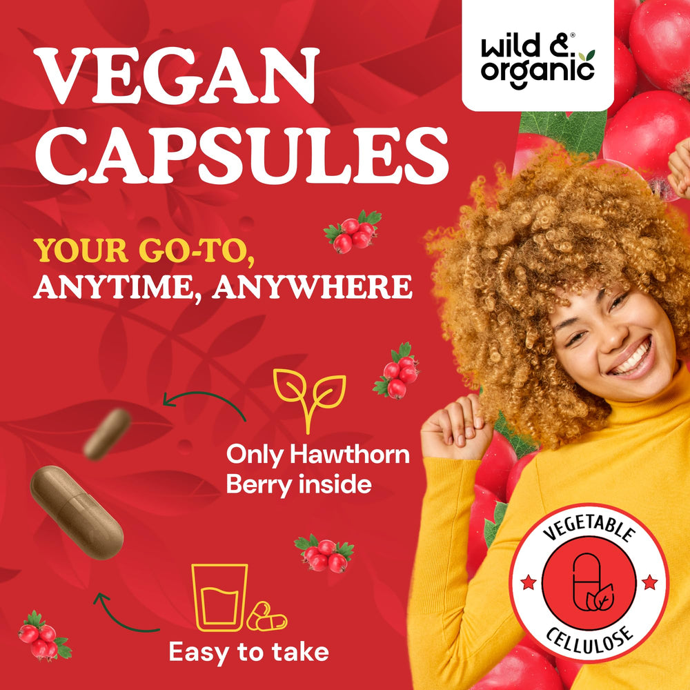 Wild & Organic hawthorn capsules with vegetable coating for easy swallowing.