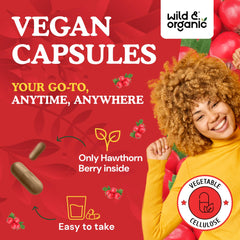 Wild & Organic hawthorn capsules with vegetable coating for easy swallowing.