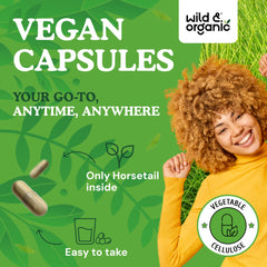 Wild & Organic horsetail capsules close up showing smooth texture for easy daily use.