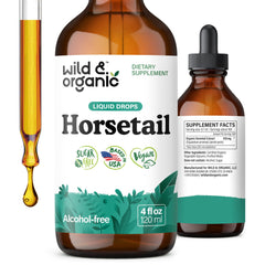 Wild & Organic Horsetail Tincture bottle front for daily hair and skin support.