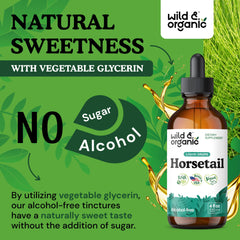 Wild & Organic Horsetail Tincture glycerin-based formula emphasising alcohol-free extract.