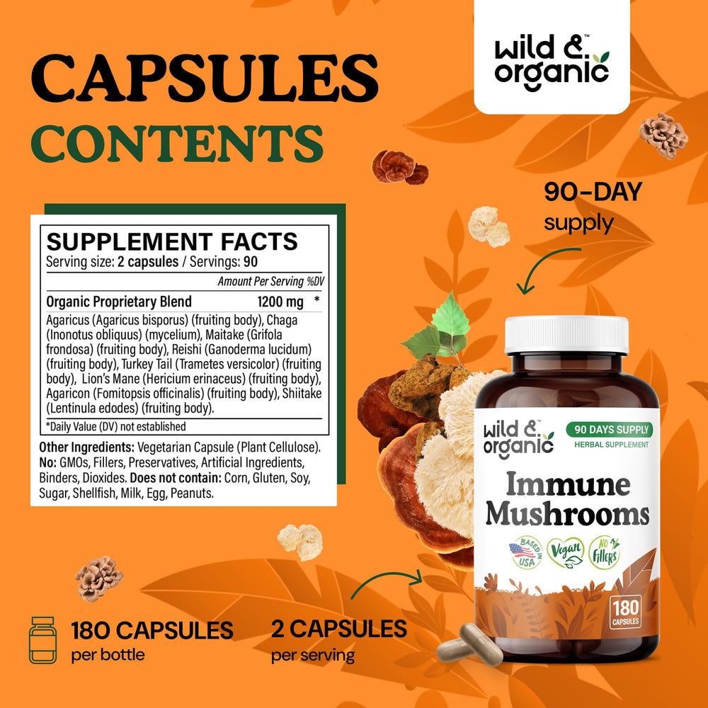 Label closeup of Wild & Organic immune blend, non-GMO and natural.