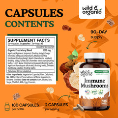 Label closeup of Wild & Organic immune blend, non-GMO and natural.