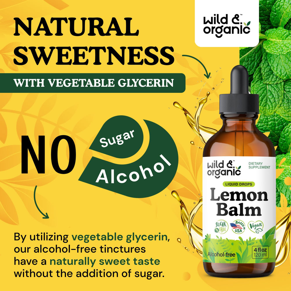 Glycerin-based lemon balm tincture from Wild & Organic shown on counter