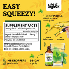 Wild & Organic lemon balm tincture label highlights vegan, alcohol-free formula