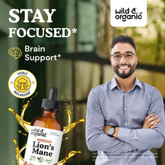 Wild & Organic Lions Mane drops dropper with label supports mental clarity