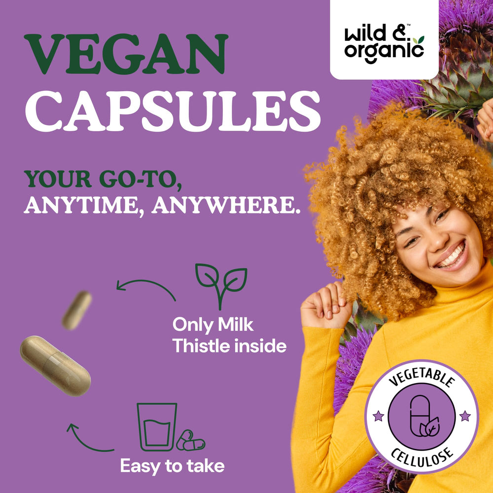 Wild & Organic milk thistle bottle packaging on a retail shelf.