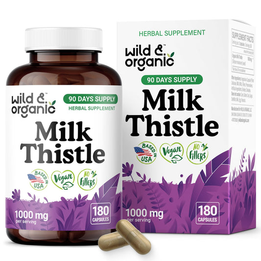 Wild & Organic milk thistle capsules 1000mg bottle front view for liver support.