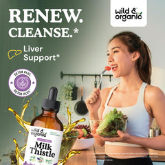 Wild & Organic milk thistle dropper pouring into glass for easy daily use