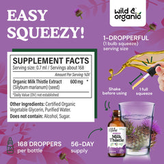 Wild & Organic milk thistle bottle label close-up showing vegan, alcohol-free formula
