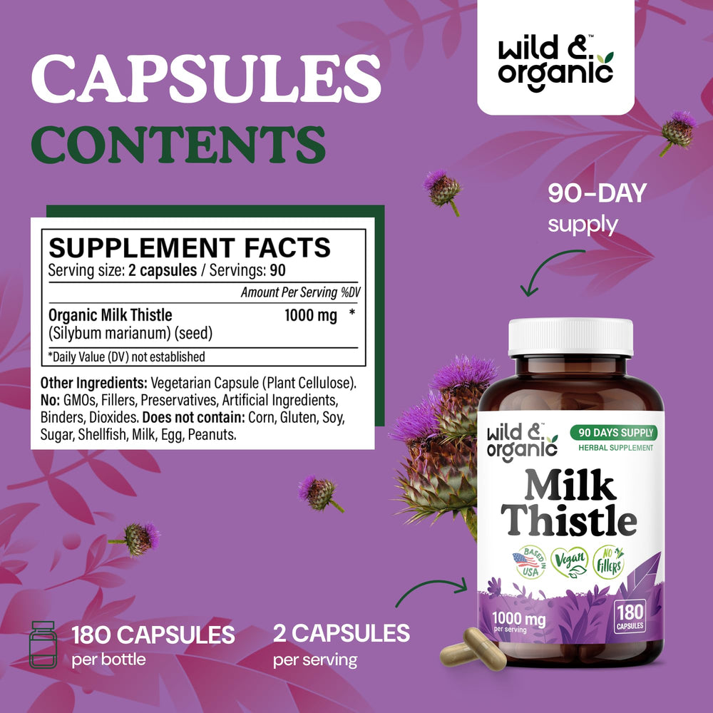 Wild & Organic milk thistle vegan capsules label highlights non-GMO formula.