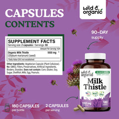 Wild & Organic milk thistle vegan capsules label highlights non-GMO formula.