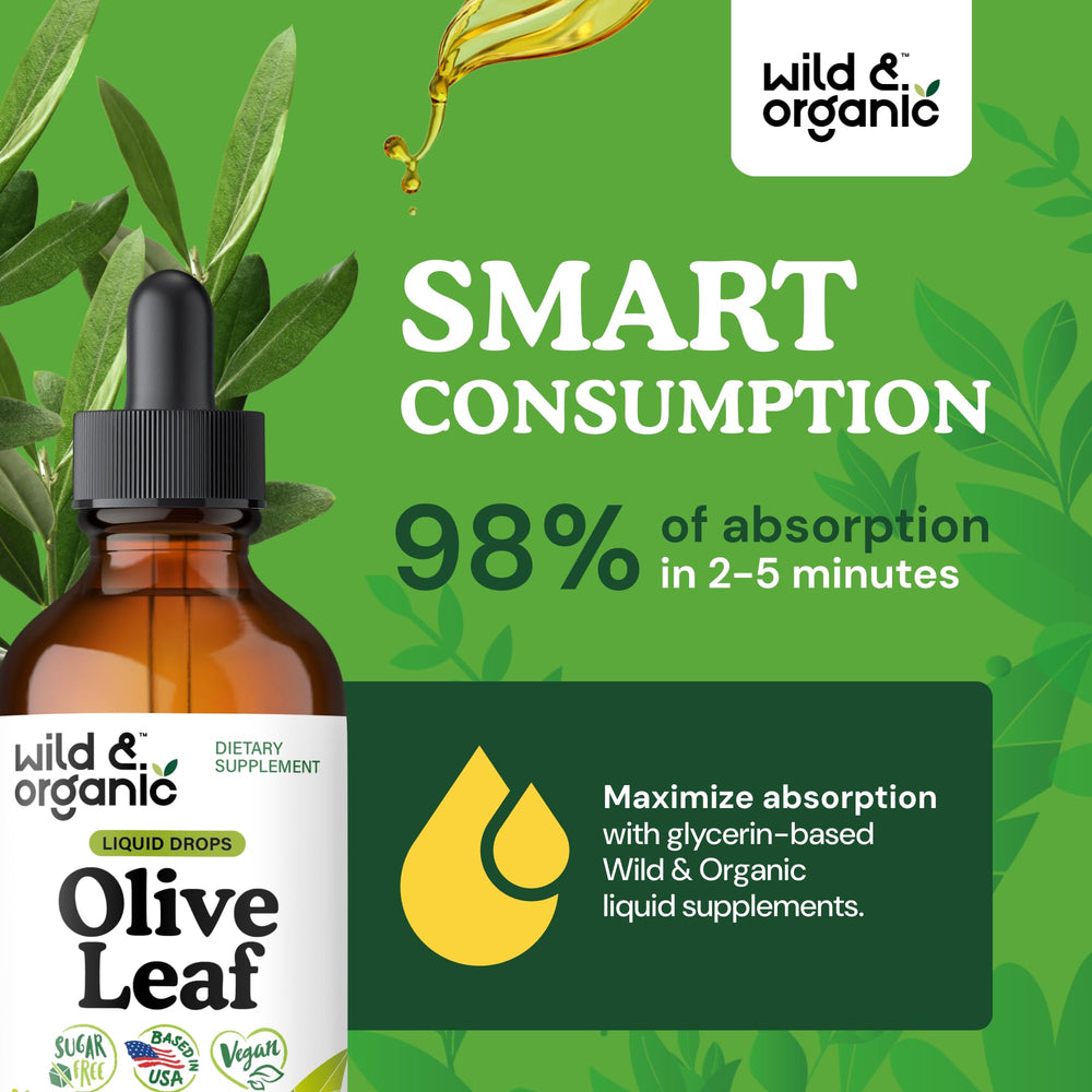 Wild & Organic olive leaf liquid extract vegan formula shown