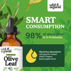 Wild & Organic olive leaf liquid extract vegan formula shown