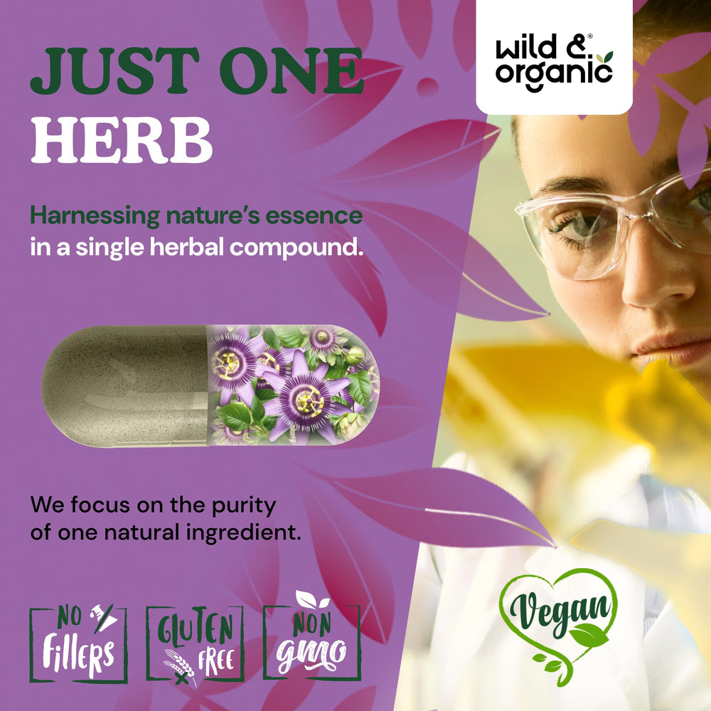 Passionflower herb (Passiflora incarnata) visual highlighting herbal relaxation potential.