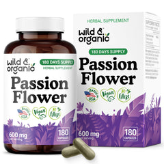 Wild & Organic passion flower capsules bottle for calming mood support