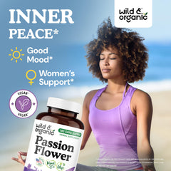 Close-up of Wild & Organic passion flower capsules showing potency