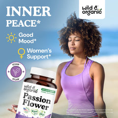 Close-up of Wild and Organic passion flower capsules highlighting vegan formula.