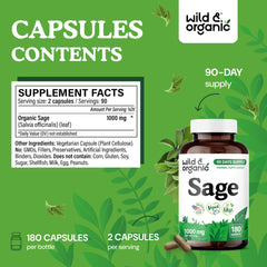 Wild & Organic sage capsules in bottle emphasize vegan, non-GMO formula.