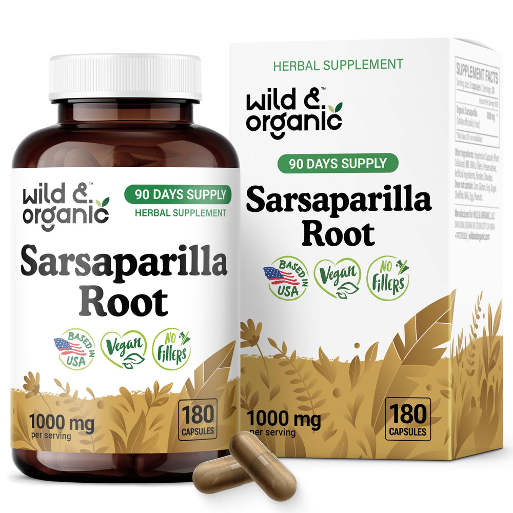 Wild & Organic Sarsaparilla Root bottle shown for skin and detox support.