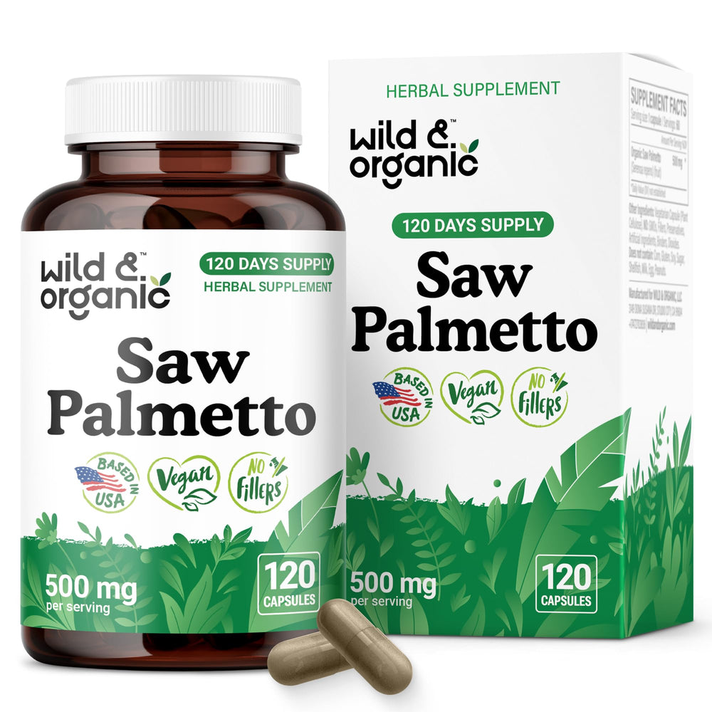 Wild & Organic Saw Palmetto bottle front showing the product for urinary tract support.