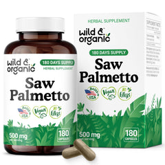 Wild & Organic saw palmetto capsules bottle: convenient daily urinary support.
