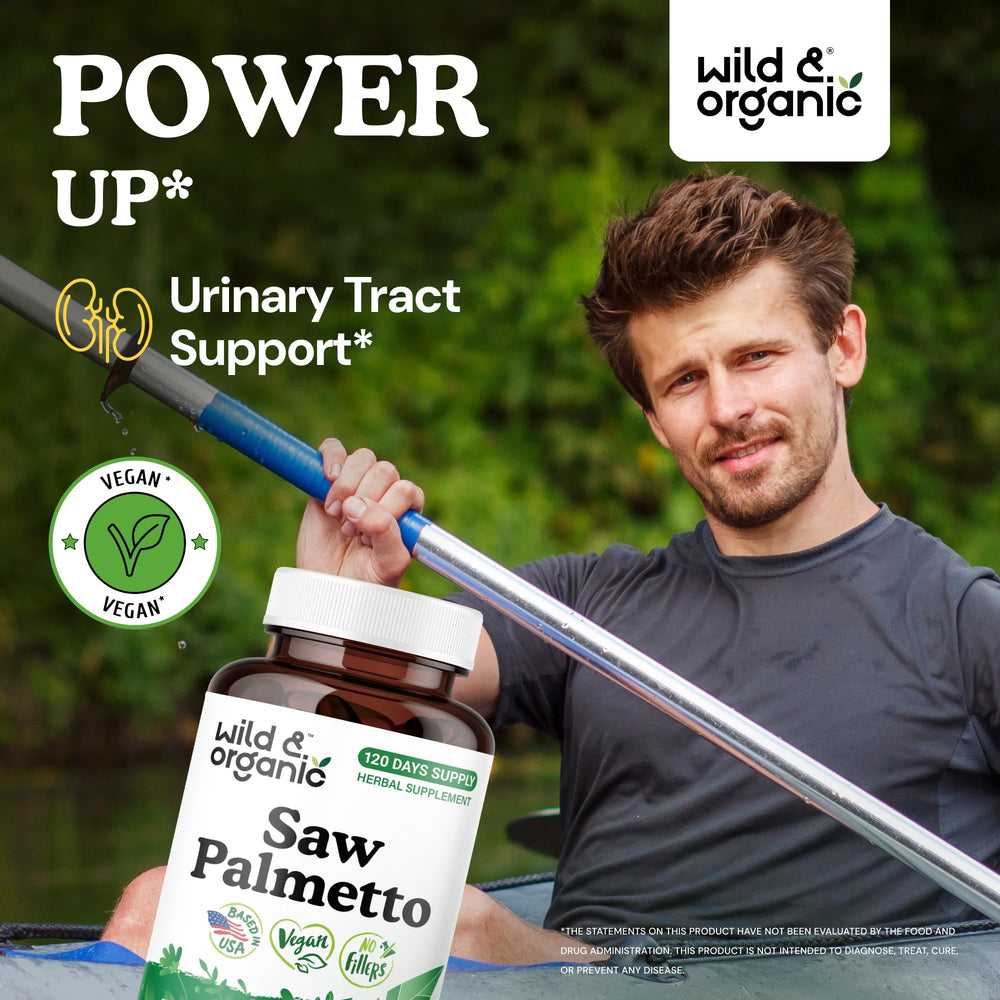 Wild & Organic Saw Palmetto capsules close-up highlighting 500 mg strength.