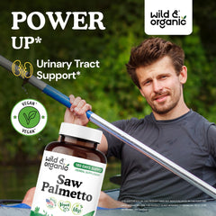 Wild & Organic saw palmetto label closeup: vegan, non-GMO formula.