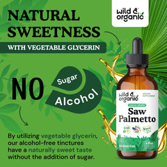 Wild & Organic Saw Palmetto glycerin-based tincture demonstrates alcohol-free convenience