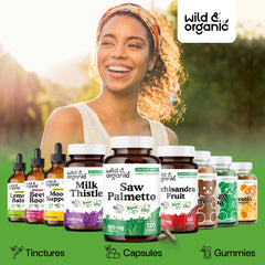 Wild & Organic Saw Palmetto plant-based coating emphasizing vegan capsule.