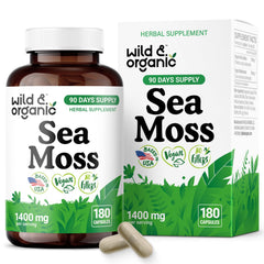 Wild & Organic Sea Moss Capsules bottle shows convenient daily use for vitality