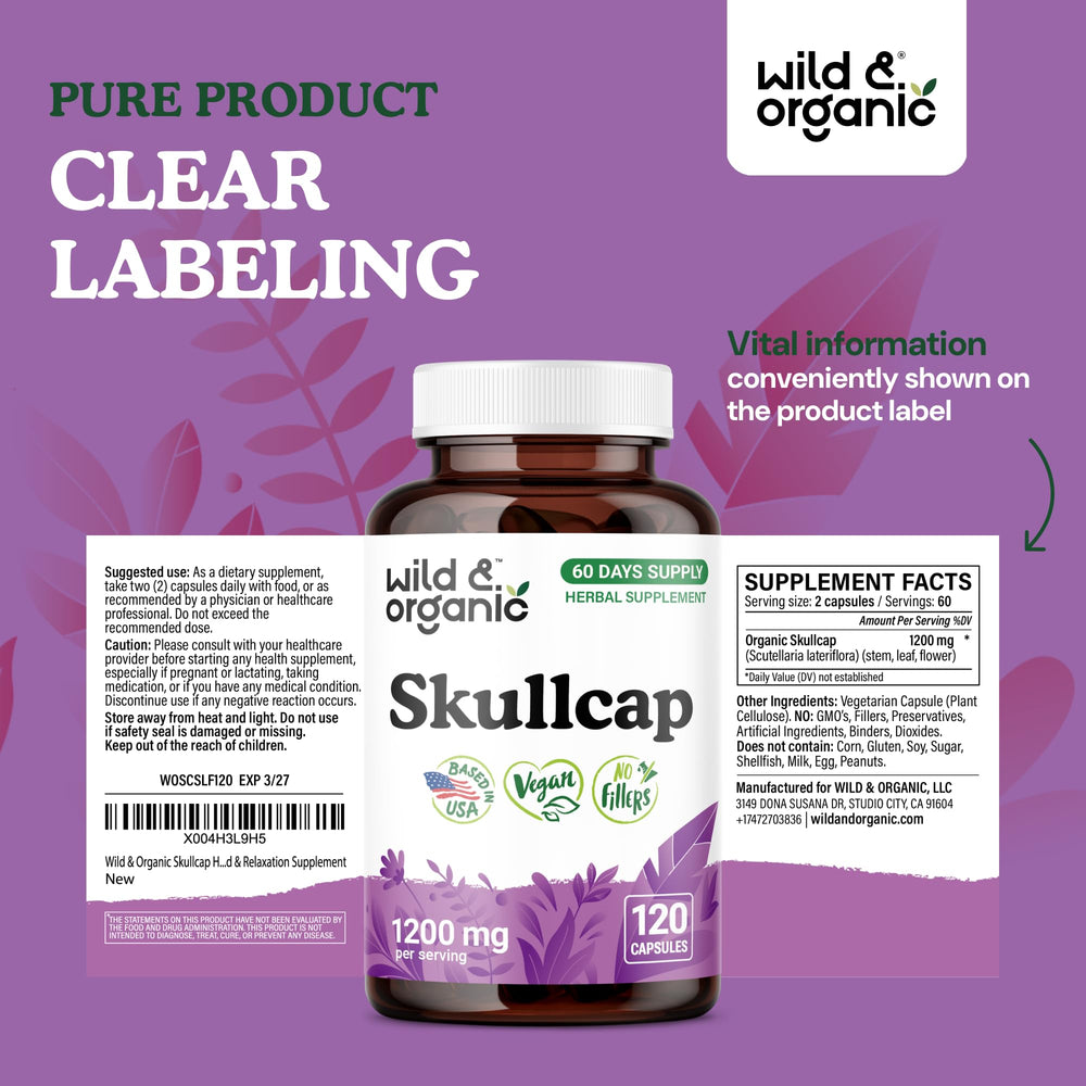 Wild and Organic skullcap 60-day supply supports ongoing use.