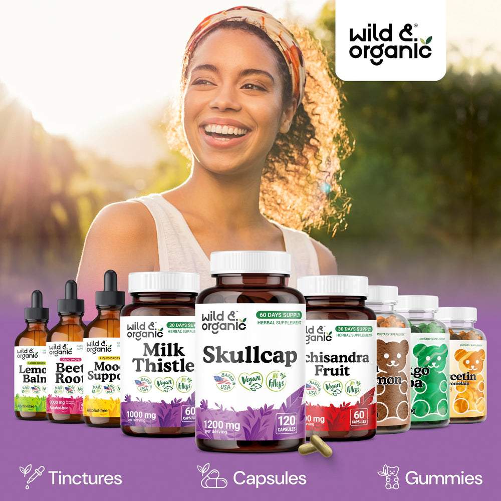 Wild and Organic skullcap bottle on kitchen counter signals convenient daily use.