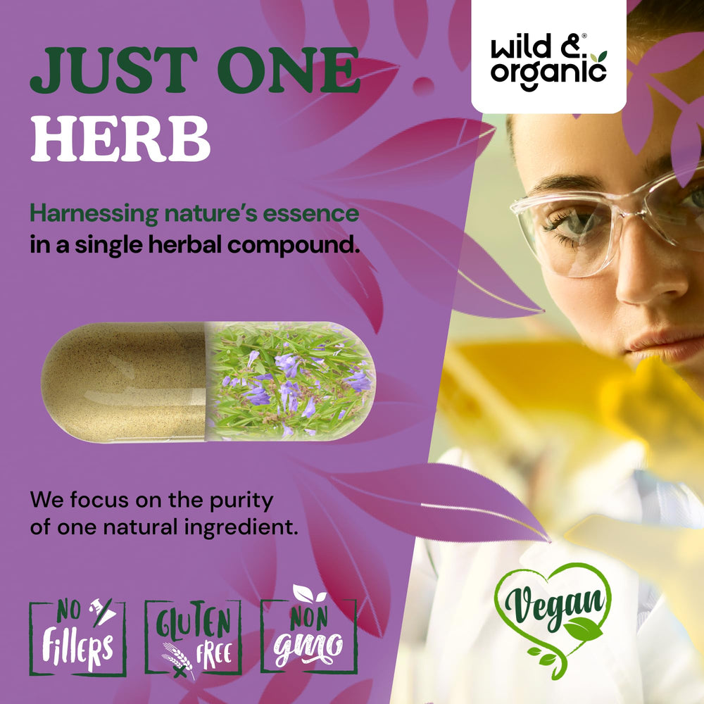 Wild and Organic skullcap label emphasizes 120 capsules and clean ingredients.