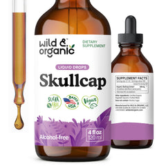 Wild & Organic Skullcap Tincture bottle for mood support and relaxation