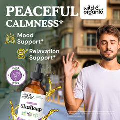Wild & Organic skullcap tincture drops with dropper for calm moments