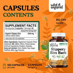 Wild & Organic Slippery Elm Bark Capsules vegan coating emphasizes plant-based formula for easy daily use.