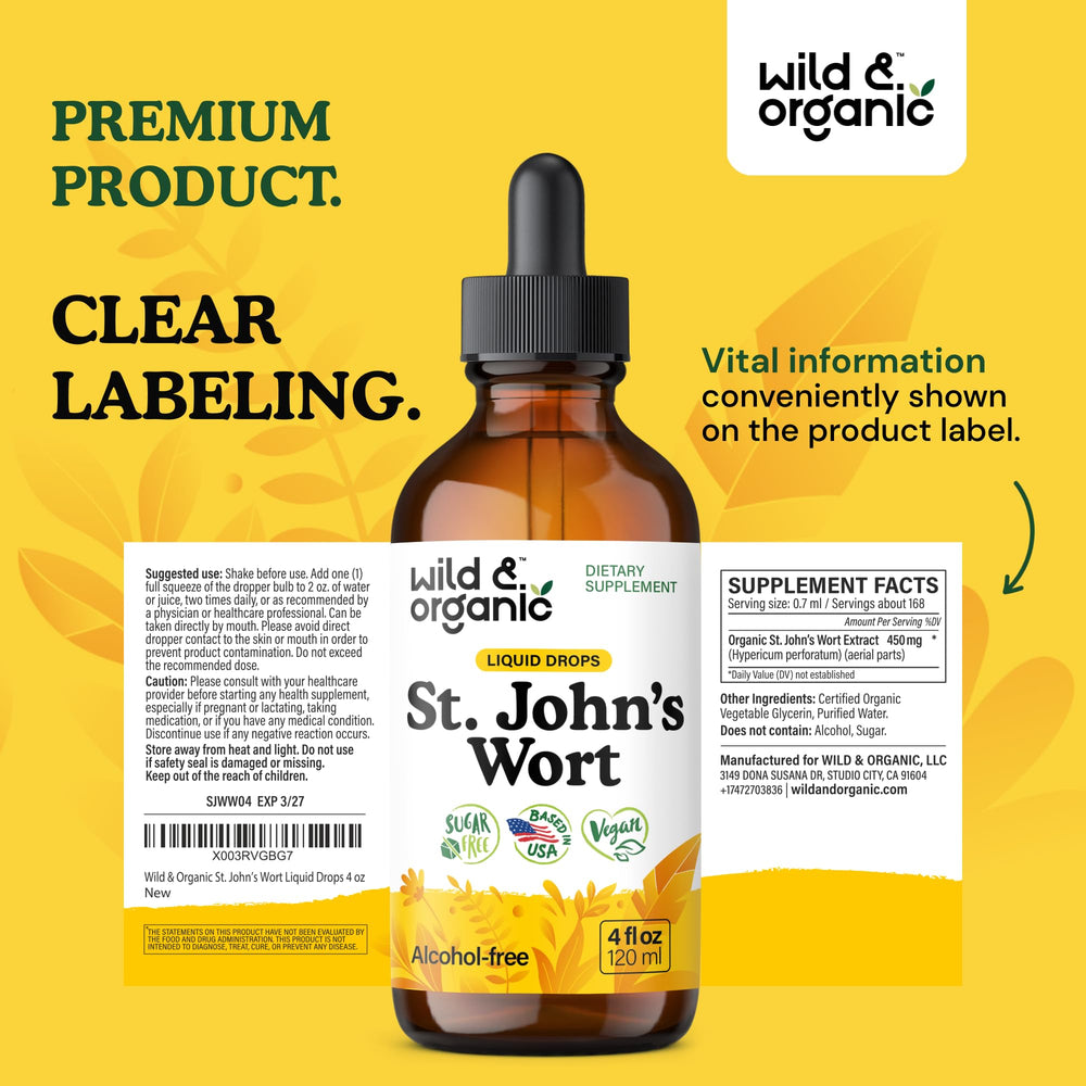 Wild & Organic St Johns Wort tincture bottle ready for daily mood support.