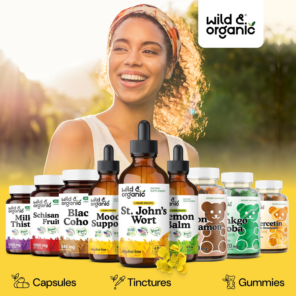 Wild & Organic St Johns Wort graphic highlights alcohol-free base.