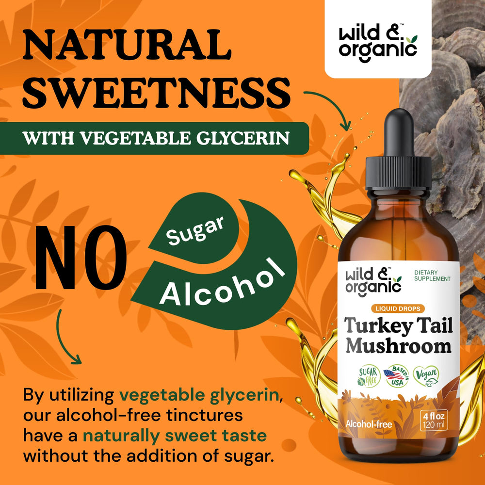 Ingredients panel of Wild & Organic turkey tail tincture showing vegan, sugar-free base.