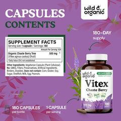 Packaging box of Wild & Organic Vitex Capsules emphasizes vegan, non-GMO credentials