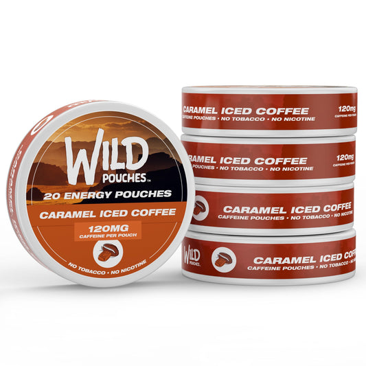Wild Pouches caramel coffee 120mg pouch boosts alertness on the go.