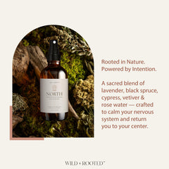 Wild + Rooted North rose water base in a pure essential oil blend.