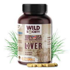 WILD SOCIETY beef liver capsules bottle showing 3000mg strength for energy support.