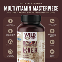 WILD SOCIETY beef liver capsules closeup highlighting pure tasteless capsules for daily use.