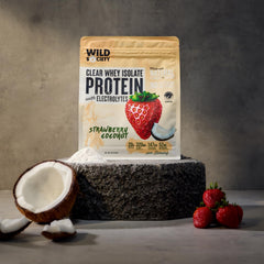 Wild Society Clear Whey Strawberry Coconut label emphasizes zero sugar and natural flavors