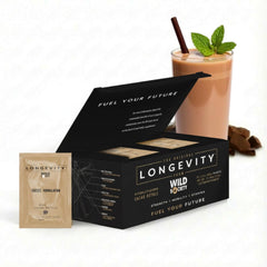 Wild Society Longevity Shake bottle shows protein and collagen support for recovery.