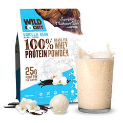 Wild Society Vanilla Bean whey powder tub for smooth shakes and post-workout recovery